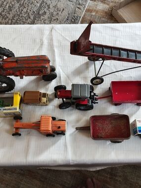 Assorted Red and Orange Toy Tractor and Farm Vehicles - Unbranded